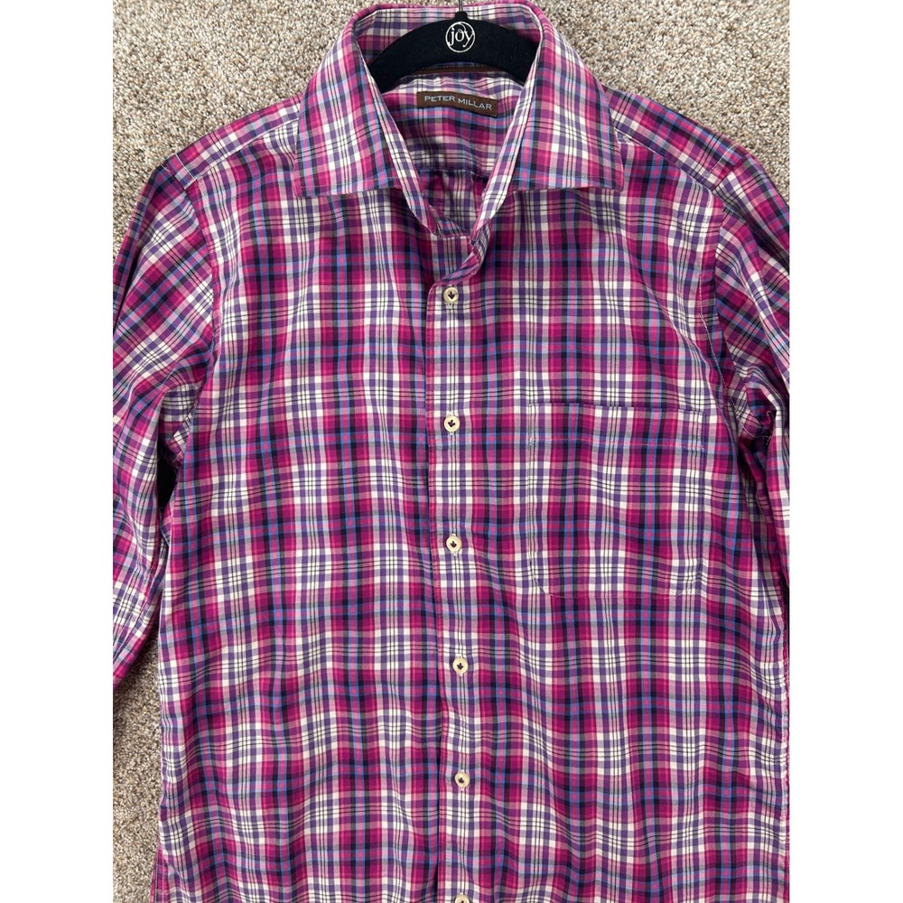 Peter Millar Mens Long Sleeve Button Down Shirt Purple Pink Plaid Size Medium